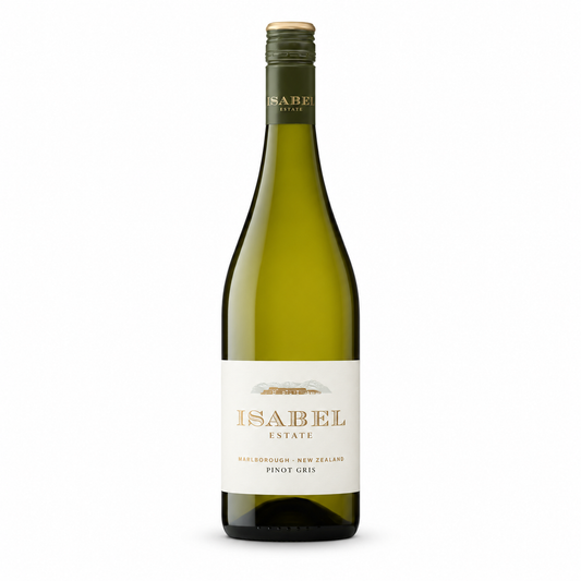 A bottle of Isabel Estate Malborough New Zealand Pinot Gris white wine, featuring a dark green glass bottle, a cream-colored label with gold lettering, and a dark green neck label with a gold screw cap, set against a plain white background.