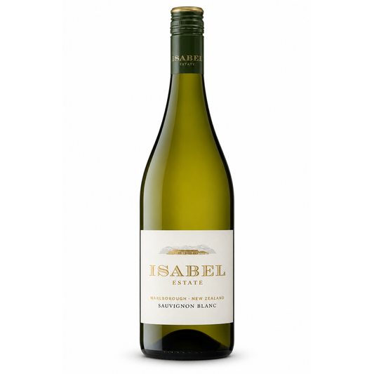 A bottle of Isabel Estate Marlborough New Zealand Sauvignon Blanc white wine, featuring a dark green glass bottle with a cream-colored label and gold lettering.