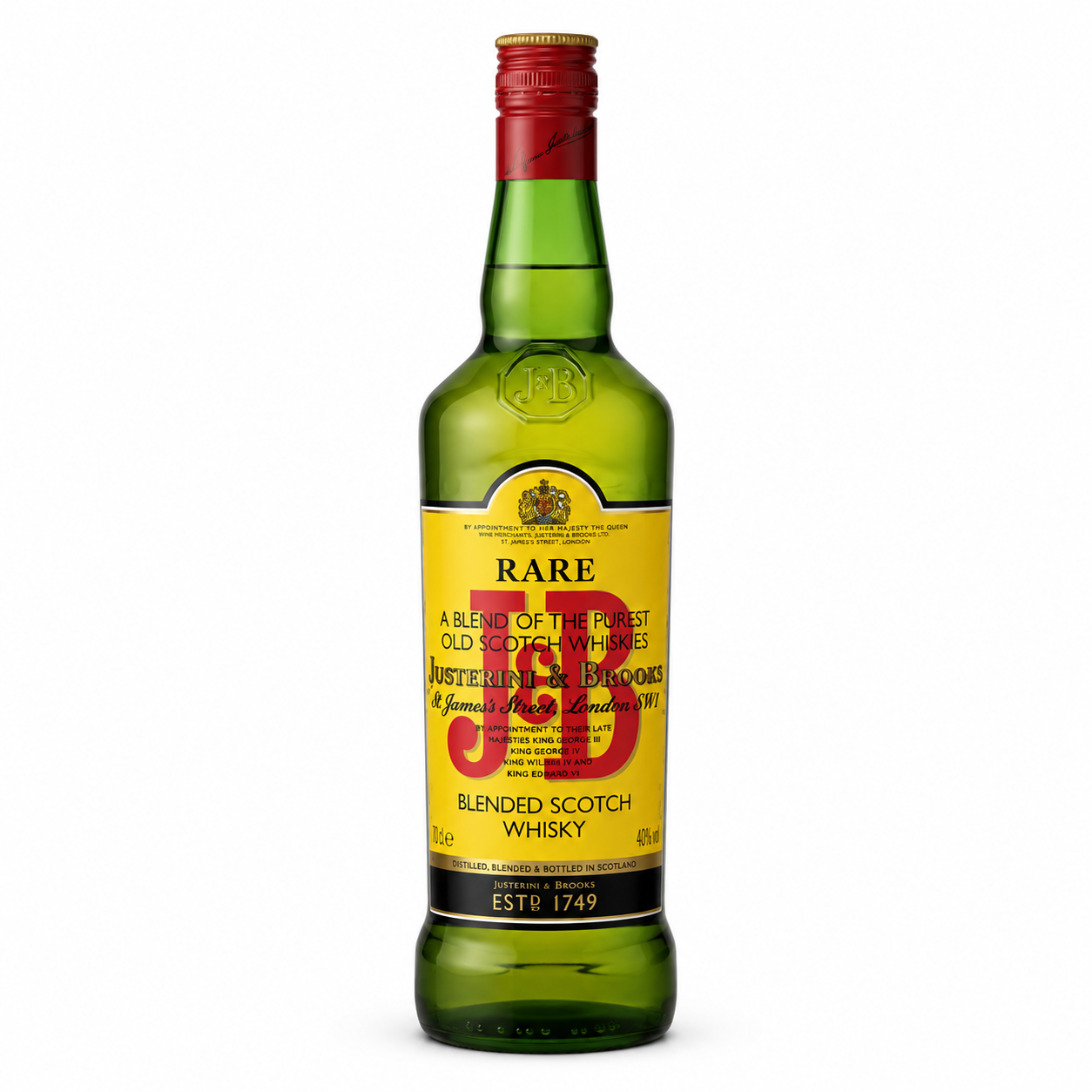 A bottle of Rare 33% Strong Blended Scotch Whisky on a solid white background. The bottle is made of green glass with a yellow label featuring a large red '33' and a red wax seal at the neck.