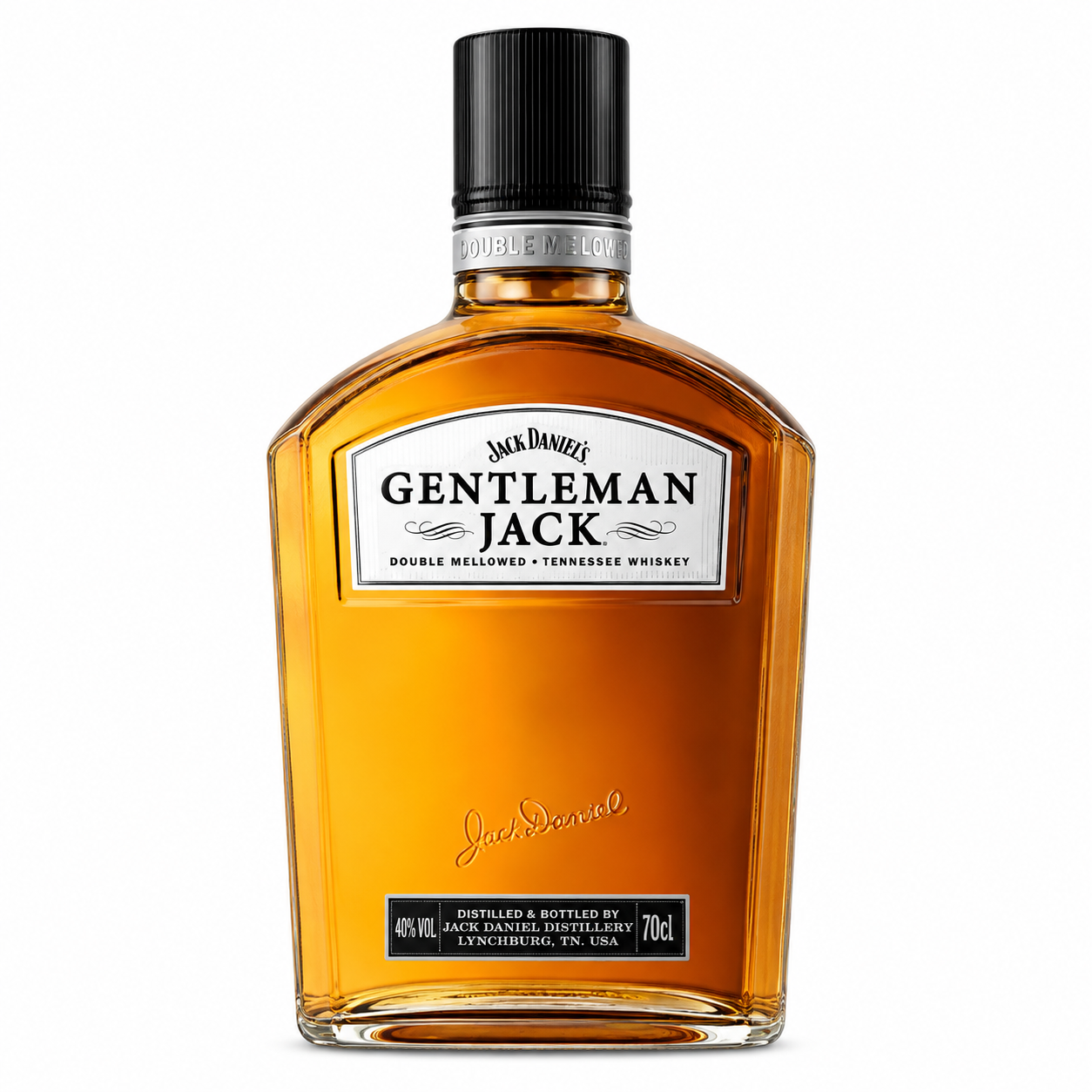 A 70cl bottle of Jack Daniel's Gentleman Jack Double Tall whiskey, showing the amber liquid through a clear glass bottle with a black cap and white label, on a white background.