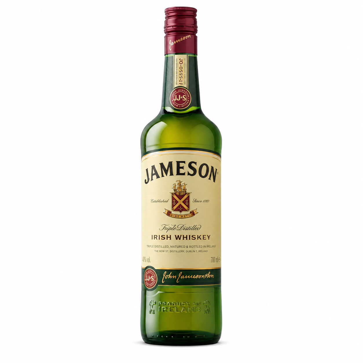 A bottle of Jameson Irish Whiskey on a plain white background. The green glass bottle features a cream-colored label with black text and a red wax seal at the neck.
