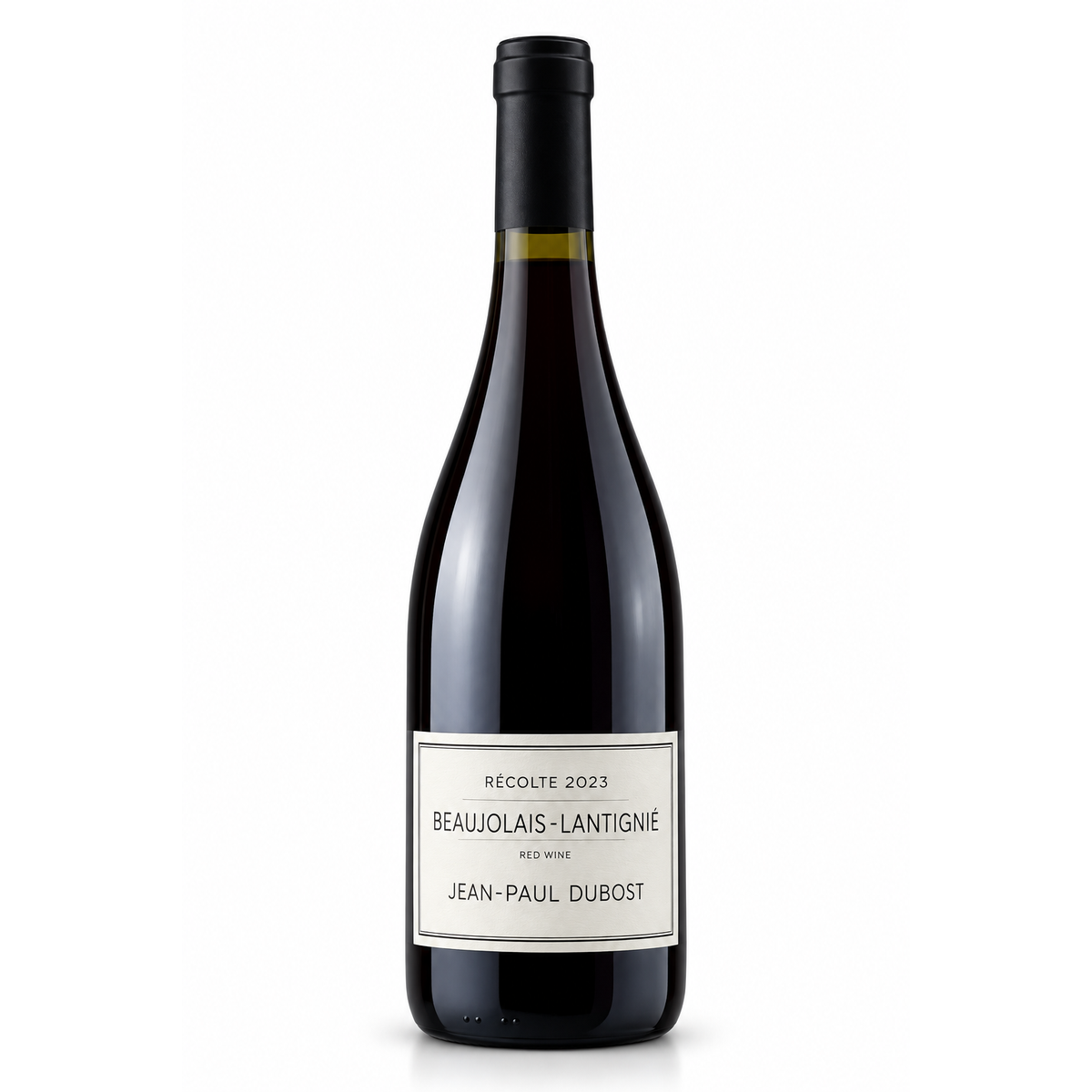 A bottle of Jean-Paul Dubost Beaujolais-Lantignée red wine from the 2023 harvest, featuring a dark glass bottle with a black capsule and a white label.