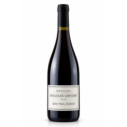 A bottle of Jean-Paul Dubost Beaujolais-Lantignée red wine from the 2023 harvest, featuring a dark glass bottle with a black capsule and a white label.