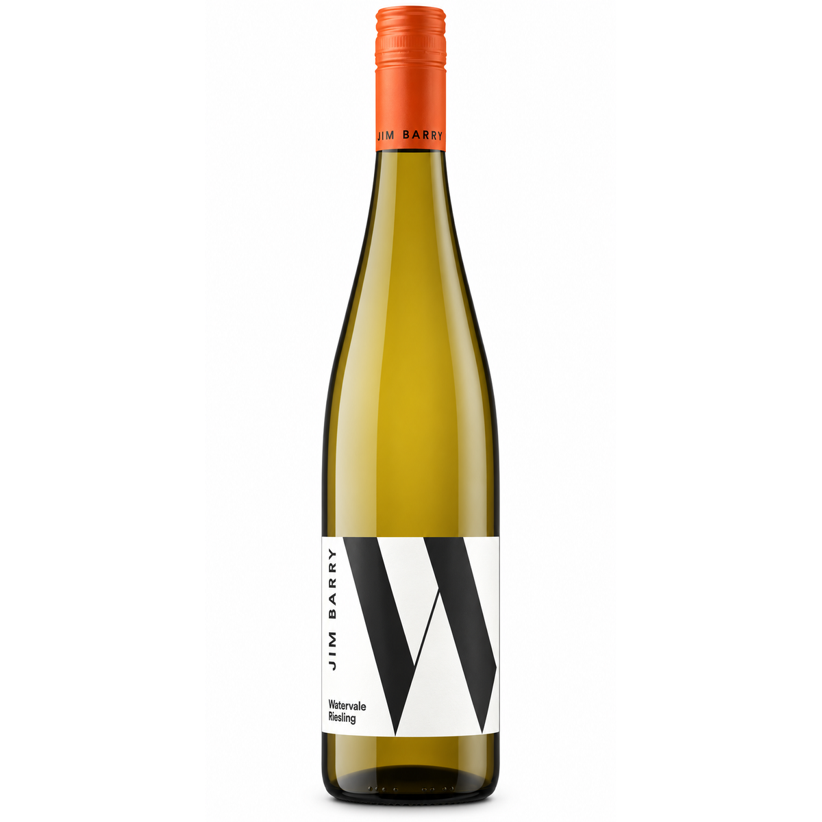 A bottle of Jim Barry Watermelon Riesling with a white label featuring a large black geometric 'W' logo and an orange screw cap, shown on a plain white background.