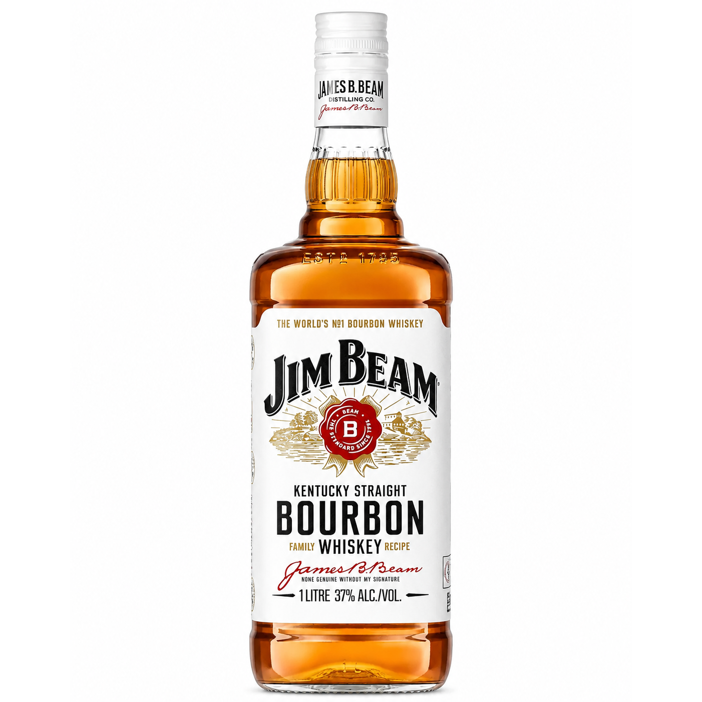 A 1-litre bottle of Jim Beam Kentucky Straight Bourbon Whiskey on a plain white background. The clear glass bottle shows the amber-brown whiskey inside, with a prominent white label featuring the classic red and black Jim Beam branding.