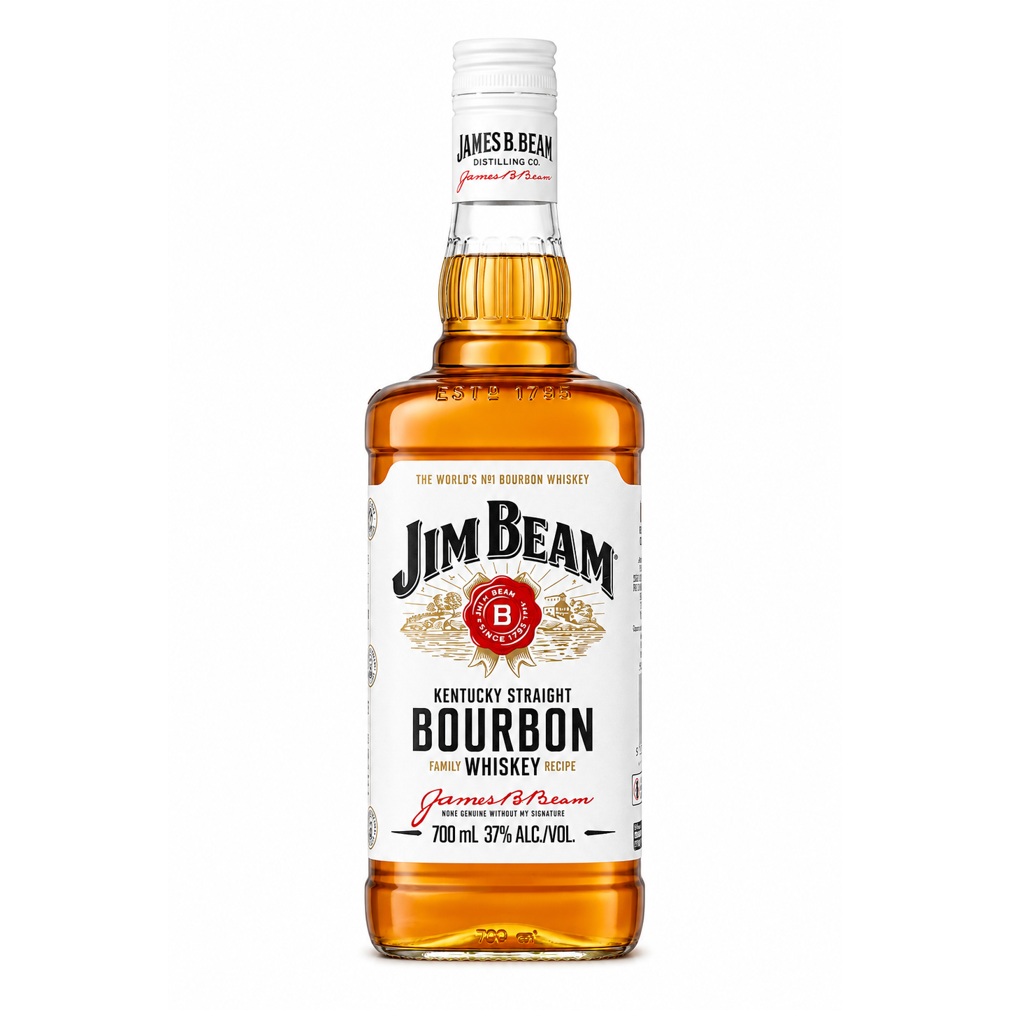 A bottle of Jim Beam Kentucky Straight Bourbon Whiskey on a solid white background, showing the amber liquid and white label clearly.