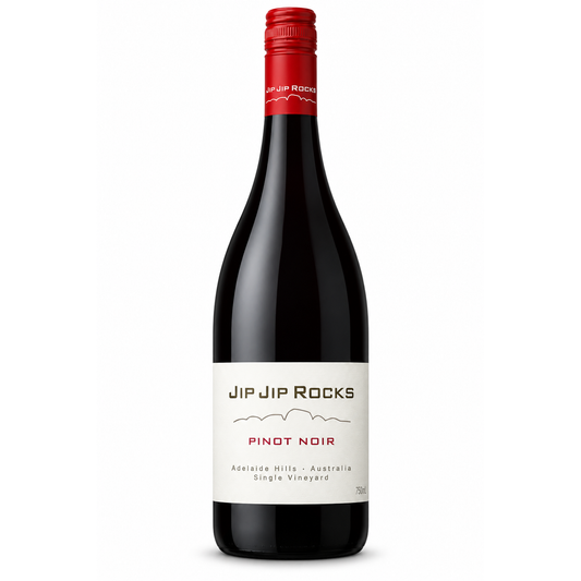 A bottle of Jip Jip Rocks Pinot Noir red wine, featuring a dark glass bottle, a red screw cap, and a white label with black and red text, set against a plain white background.