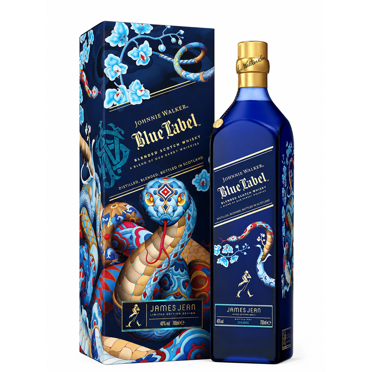 Johnnie Walker Blue Label James Jean limited edition whisky bottle and its matching illustrated packaging box, featuring a vibrant blue color scheme with a detailed multicolored snake design.