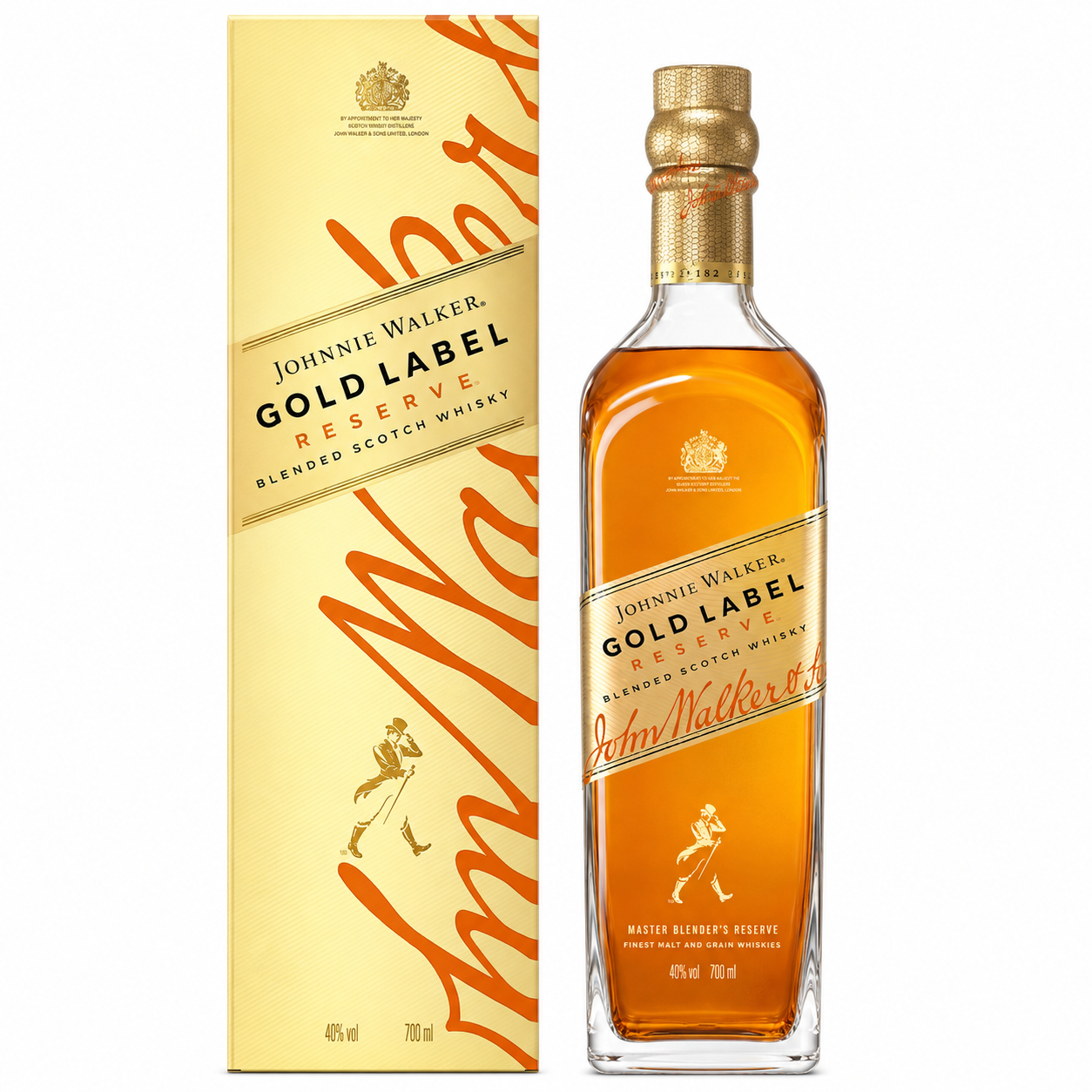 A bottle of Johnnie Walker Gold Label Reserve Scotch Whisky stands next to its signature gold and orange packaging box on a plain white background.