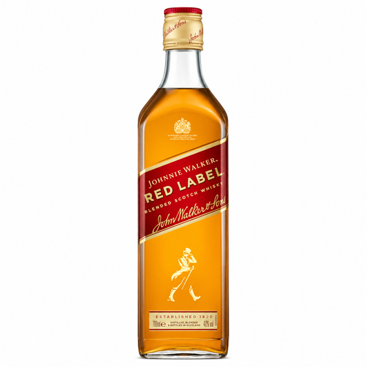 A bottle of Johnnie Walker Red Label blended Scotch whisky, featuring its iconic red and gold label with the white brand logo, set against a plain white background.