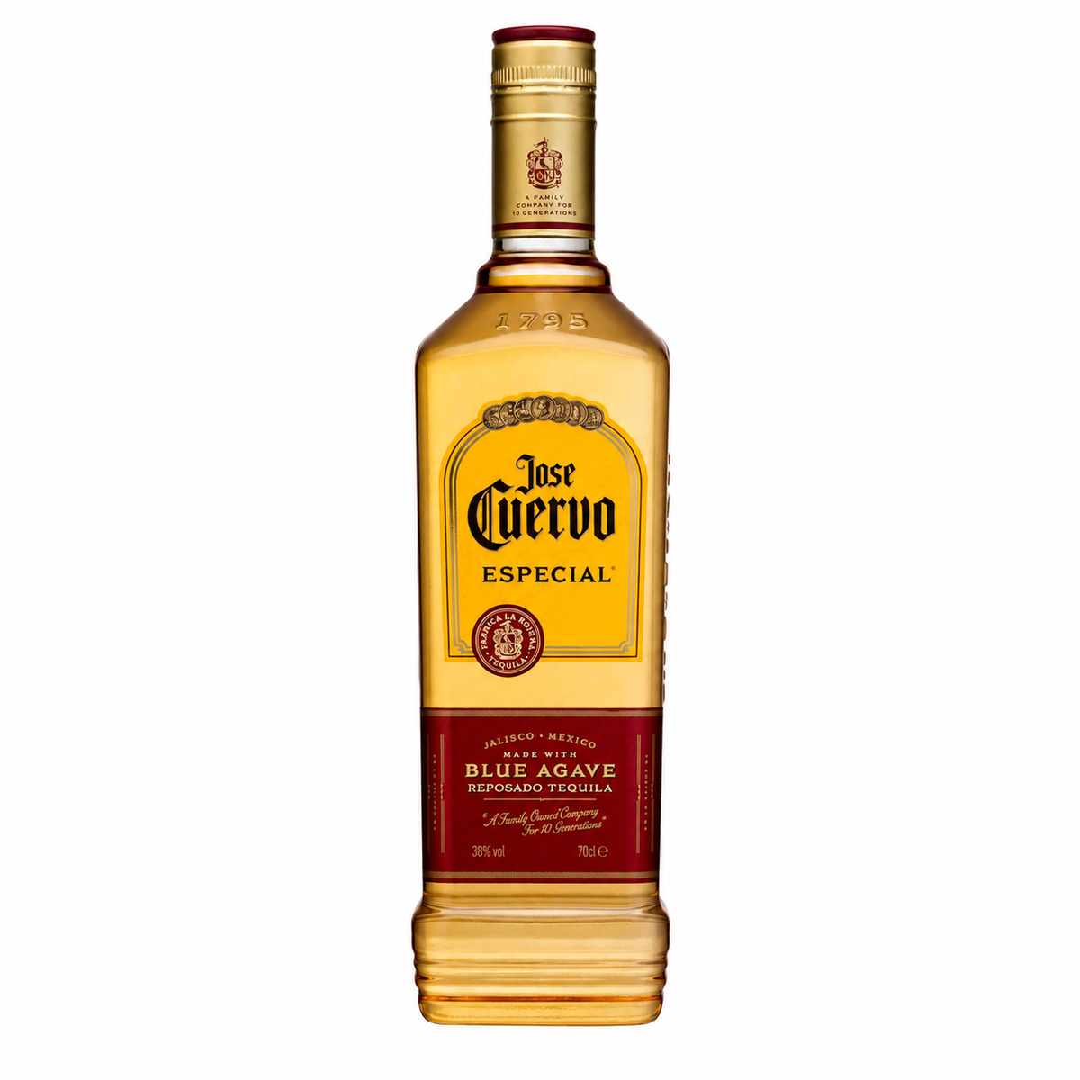 A bottle of Jose Cuervo Especial tequila on a plain white background. The bottle is filled with golden-yellow liquid and features a yellow label with black text and a dark red lower section.
