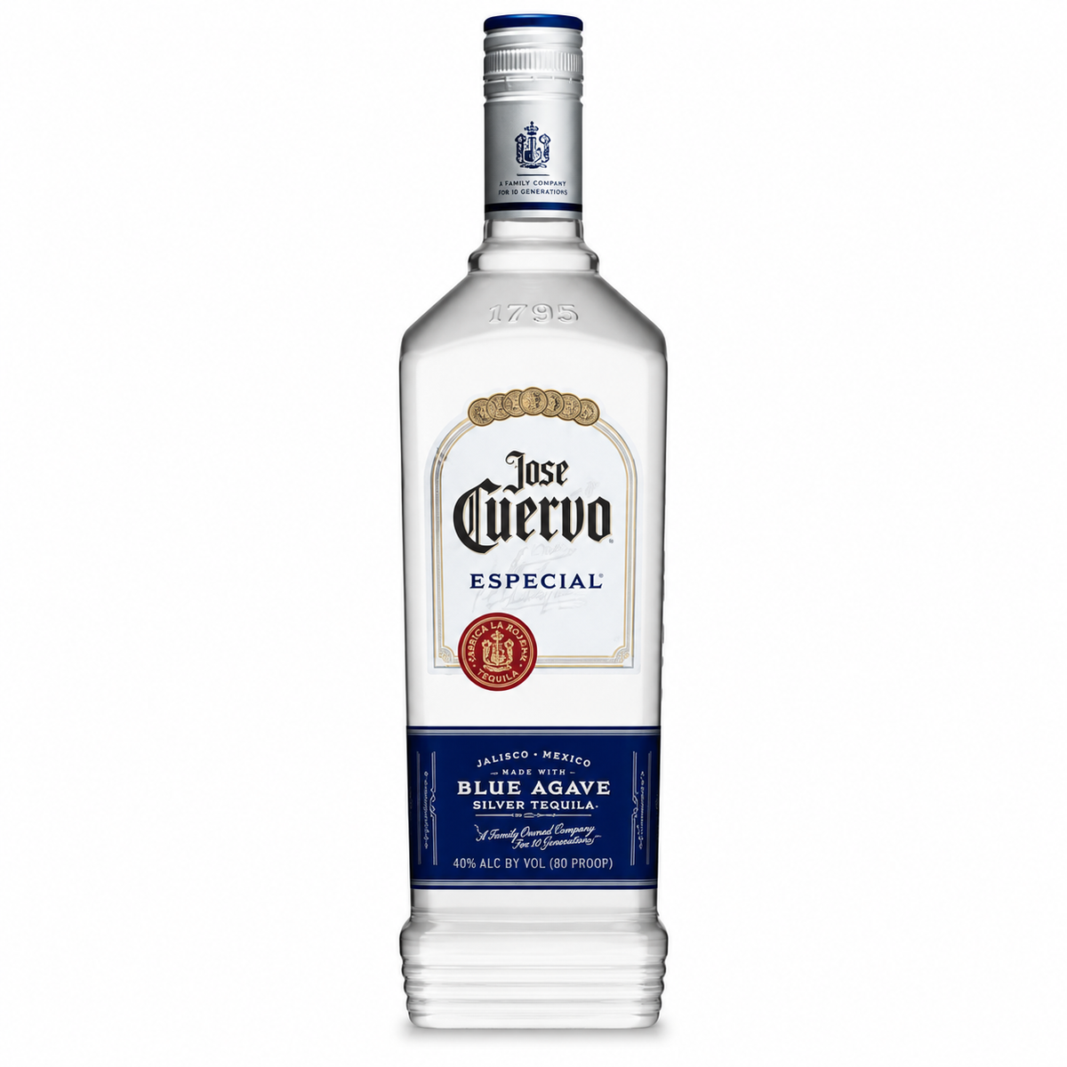 A bottle of Jose Cuervo Especial Blue Agave Silver Tonic Liqueur on a solid white background.