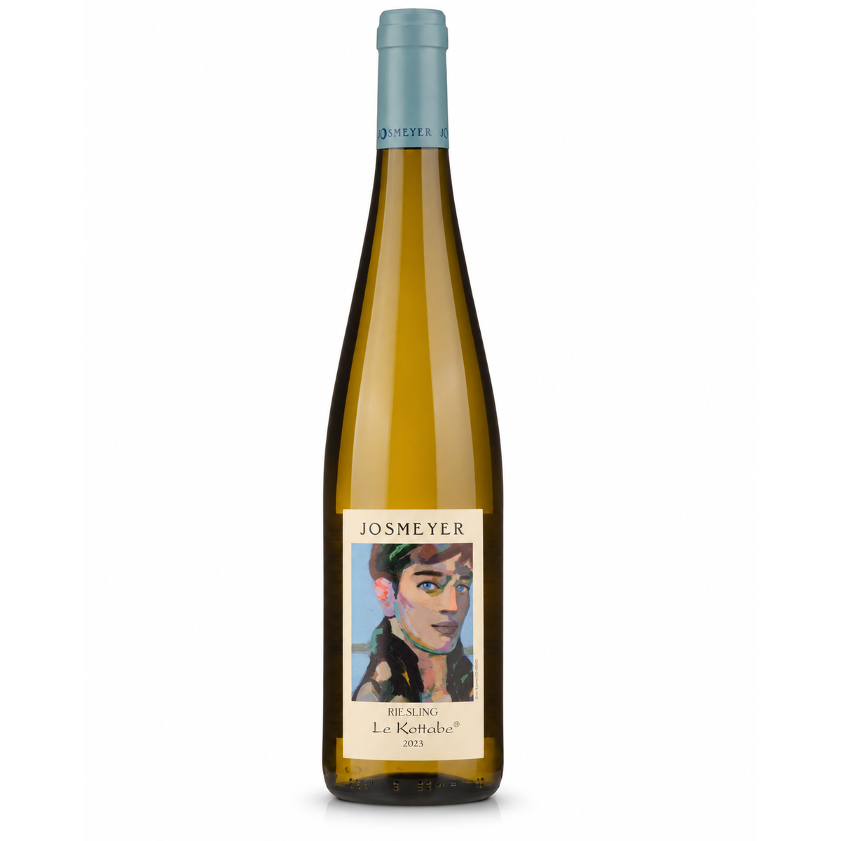 A bottle of Josmeyer Reising Le Koltube 2023 Riesling white wine, featuring a pale gold-colored glass bottle with a light blue foil capsule and a cream-colored label depicting an artistic portrait.