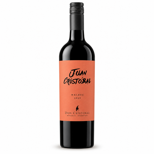 A bottle of Juan Cristobal Malbec 2025 red wine, featuring a vibrant orange label with black text and a black bottle, set against a plain white background.