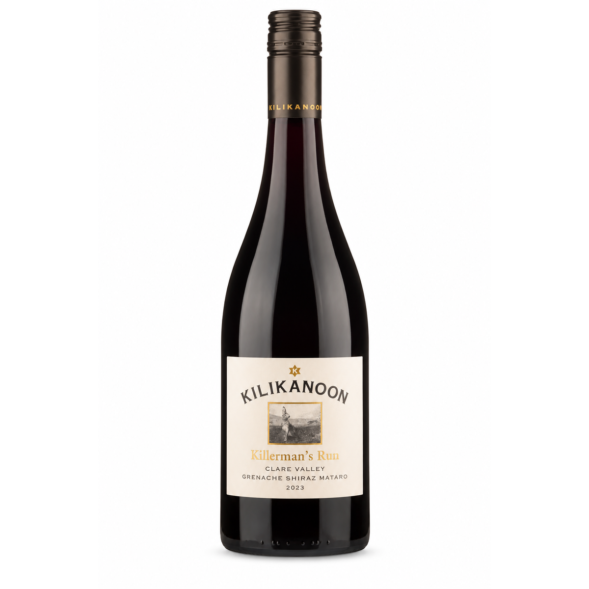 A bottle of Kilikanoon Killerman's Ru Clare Valley Grenache Shiraz Mataro 2013 red wine, featuring a dark glass bottle with a cream-colored label and a dark metallic foil neck wrap, set against a plain white background.