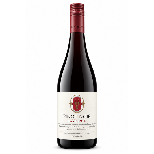 A bottle of La Vicomte Pinot Noir red wine, featuring a dark glass bottle, a cream-colored label with red and gold details, and a dark red foil capsule at the neck, set against a plain white background.