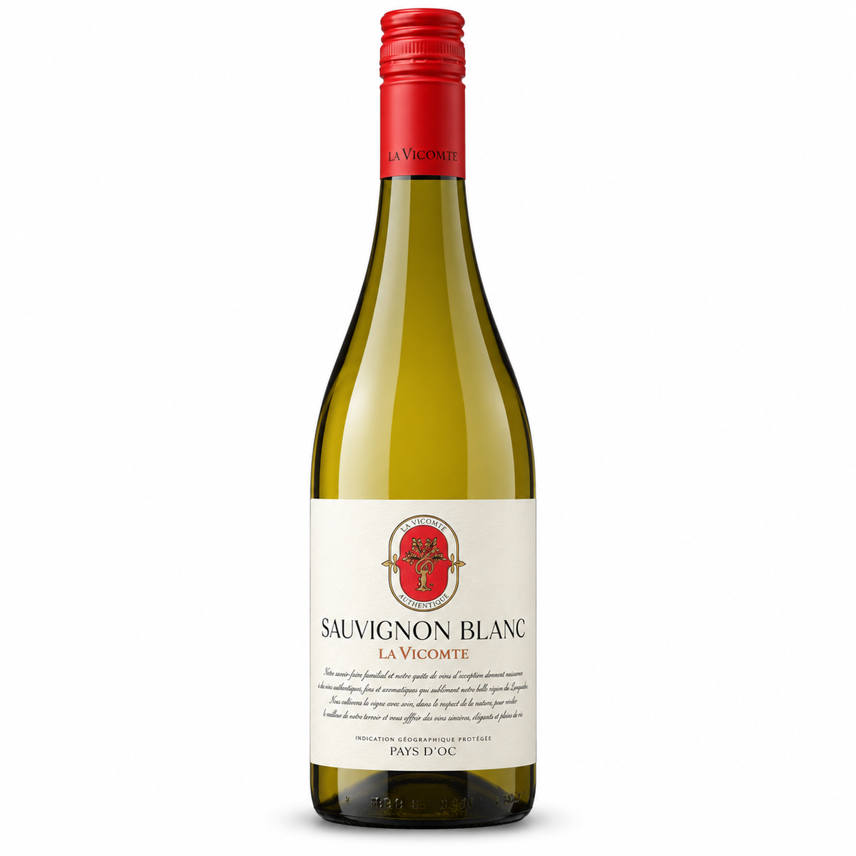 A bottle of La Vigneault Sauvignon Blanc white wine, featuring a green glass bottle, a red foil seal at the top, and a cream-colored label with a red crest.