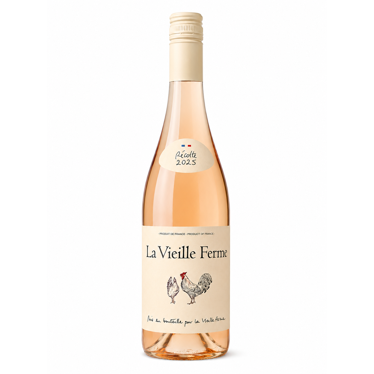 A bottle of La Vieille Ferme rosé wine with a pale peach-colored liquid, a cream-colored label with black text and a rooster illustration, and a beige screw cap, shown on a plain white background.