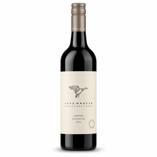 A bottle of Lake Breeze Langhorne Creek Cabernet Sauvignon 2022, featuring a dark glass bottle with a cream-colored label and a metallic silver foil capsule at the neck, set against a plain white background.