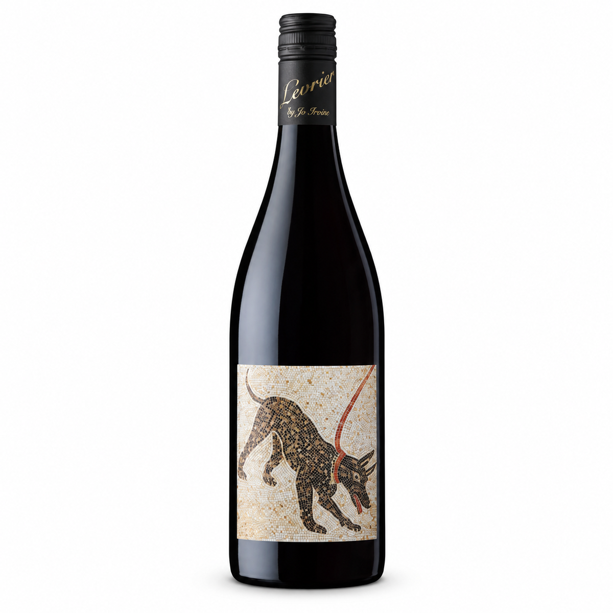 A bottle o Levrier by Jo Irvine Argos Shiraz 750ml a cream mosaic label featuring a mosaic-style dog illustration and a black neck foil with gold script reading 'Levrier by Jo Irvine', shown on a plain white background.