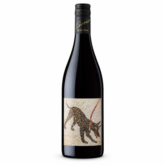 A bottle o Levrier by Jo Irvine Argos Shiraz 750ml a cream mosaic label featuring a mosaic-style dog illustration and a black neck foil with gold script reading 'Levrier by Jo Irvine', shown on a plain white background.