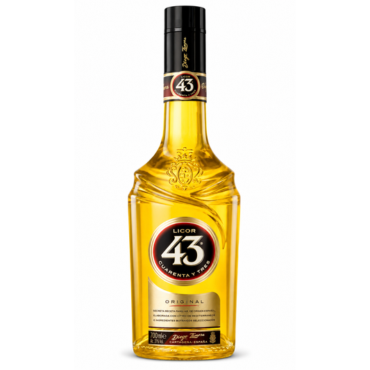 A bottle of Licor 43 Clarenta y Tires Original spirituous drink, featuring a clear glass bottle filled with golden yellow liquid, a black cap, and a red and gold label on a white background.