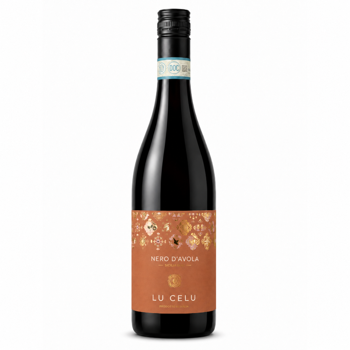 A bottle of Lu Celu Nero D'Avola red wine with a terracotta-colored label featuring gold floral patterns, set against a plain white background.