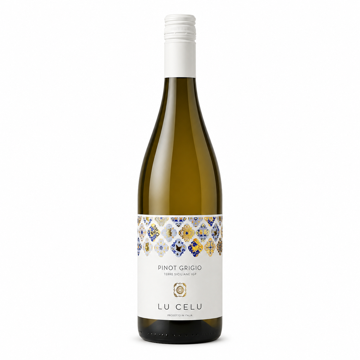 A bottle of Lu Celu Pinot Grigio White Wine on a clean white background. The bottle is made of dark green glass, sealed with a white screw cap, and features a white label with a colorful geometric pattern in blue, yellow, and gold.