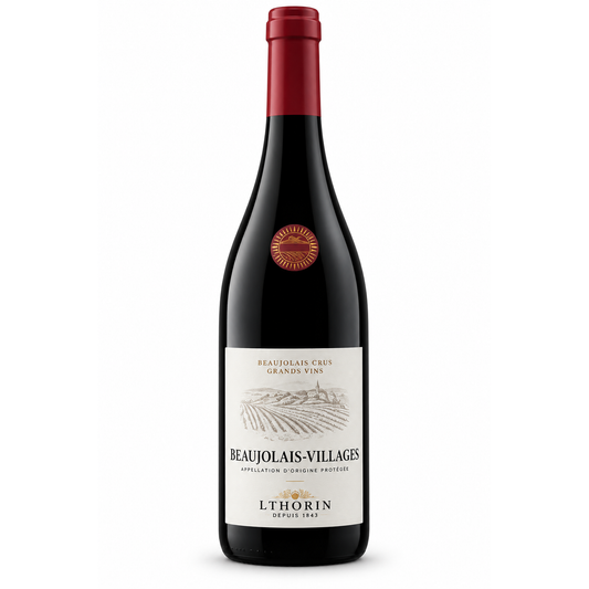 A bottle of Lthorin Beaujolais-Villages red wine, featuring a dark glass bottle with a deep red foil capsule and a cream-colored label with black text and a wine vine illustration.