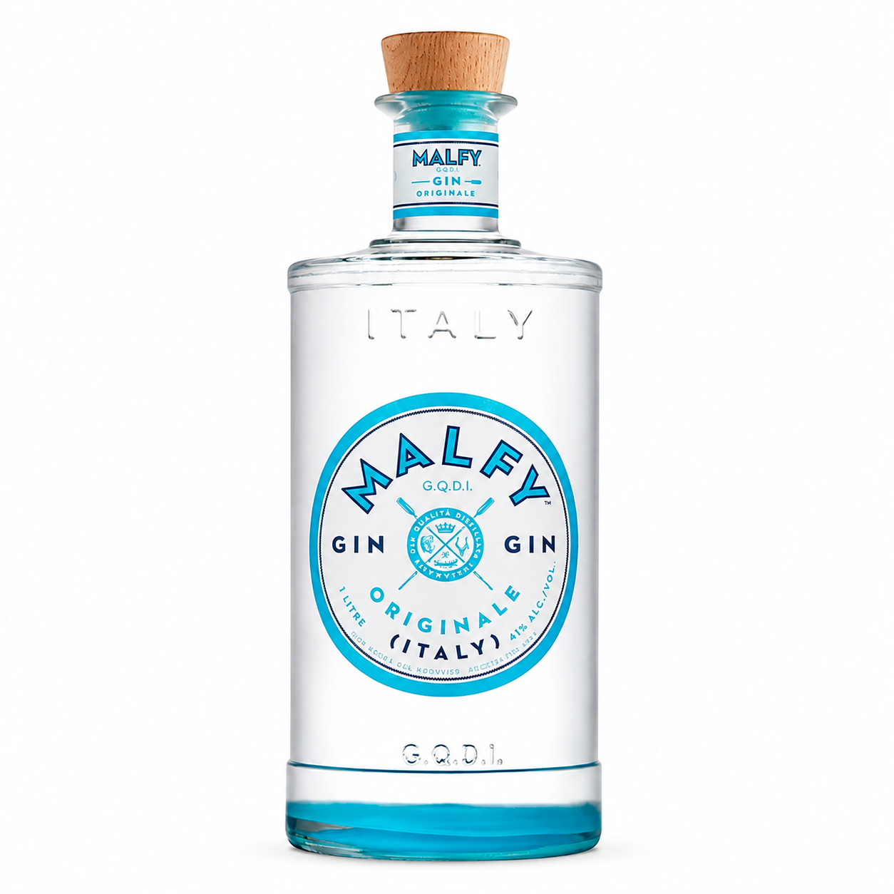 A clear glass bottle of Malfy Gin with a light brown wooden cork stopper, featuring a white label with a prominent blue circular logo and text.