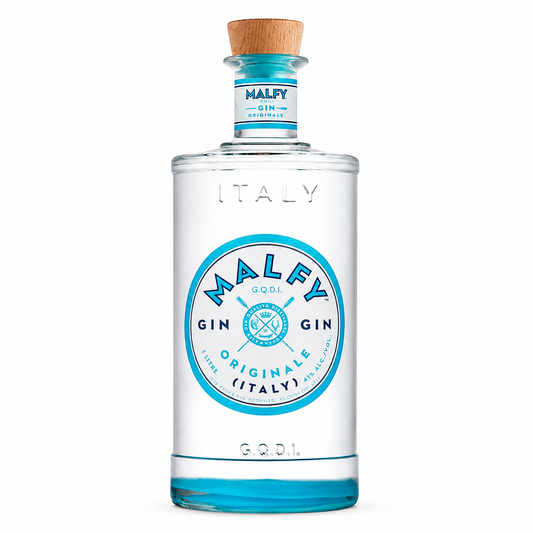 A clear glass bottle of Malfy Gin with a light brown wooden cork stopper, featuring a white label with a prominent blue circular logo and text.