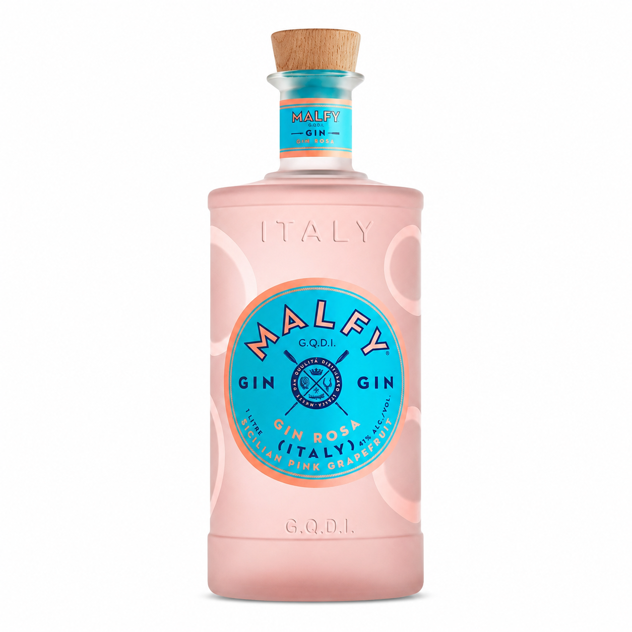 A bottle of Malfy Gin Rosa (Italy) gin with a pale pink glass body, a circular blue and orange label, and a natural wood cork stopper, shown on a plain white background.