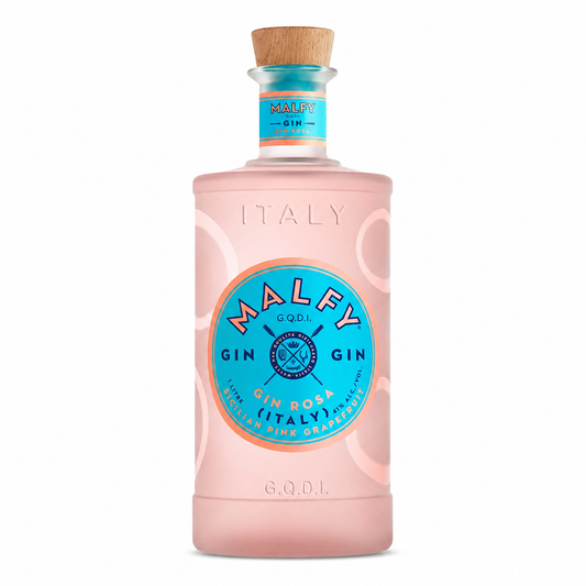 A bottle of Malfy Gin Rosa (Italy) gin with a pale pink glass body, a circular blue and orange label, and a natural wood cork stopper, shown on a plain white background.