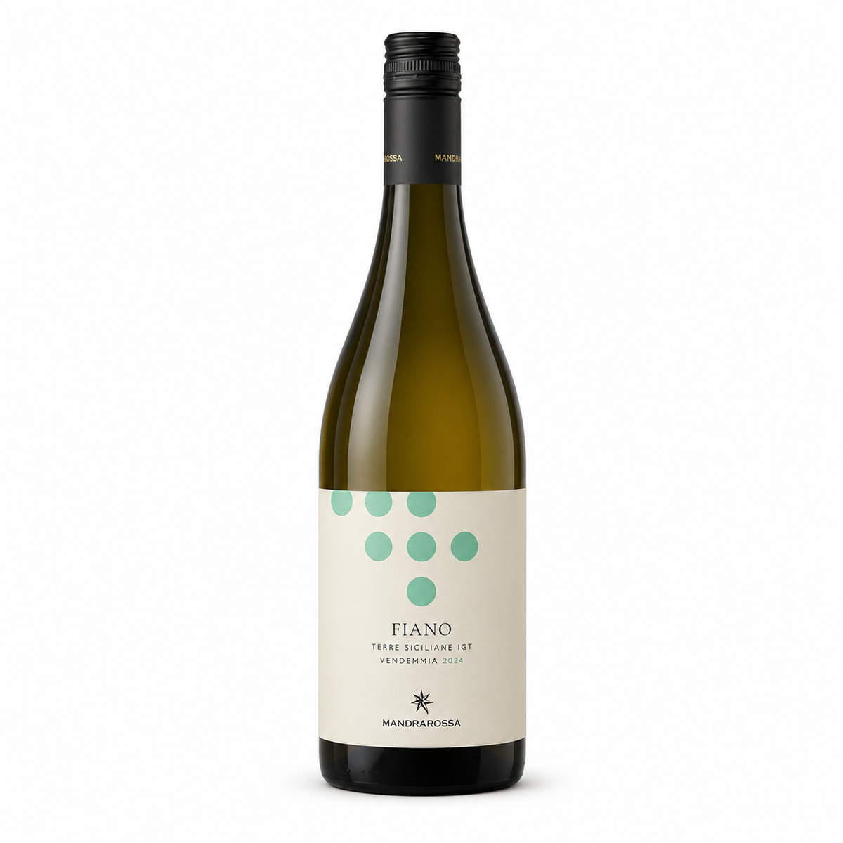 A bottle of Mandarossa Fiano Vendemmia white wine, featuring a white-colored label with light blue dots and a black screw cap, set against a plain white background.