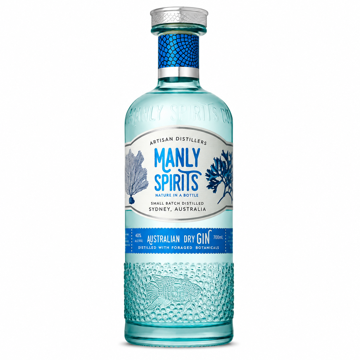 A bottle of Manly Spirits Australian Dry Gin with a light blue glass body, textured lower section, and a white and blue label, set against a plain white background.