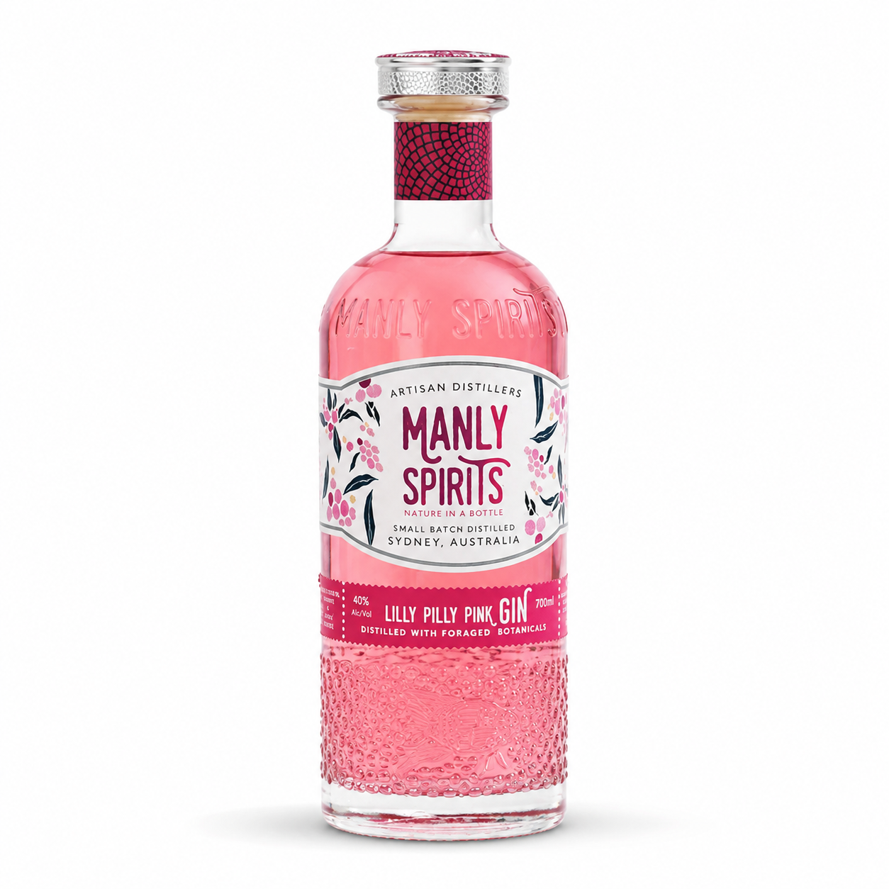 A bottle of Manly Spirits Lily Pilli Pink Gin with a pink liquid inside, featuring a white and pink label with floral illustrations, on a white background.