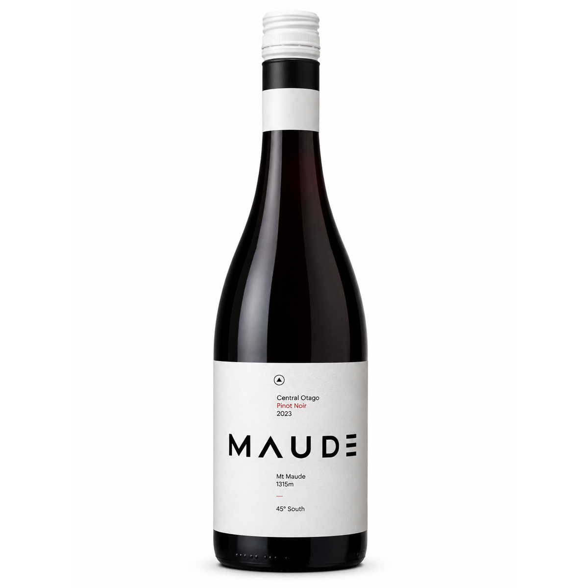 A bottle of Maude Central Orog Orange Wine 2023, featuring a dark glass bottle with a white label and white screw cap, set against a plain white background.