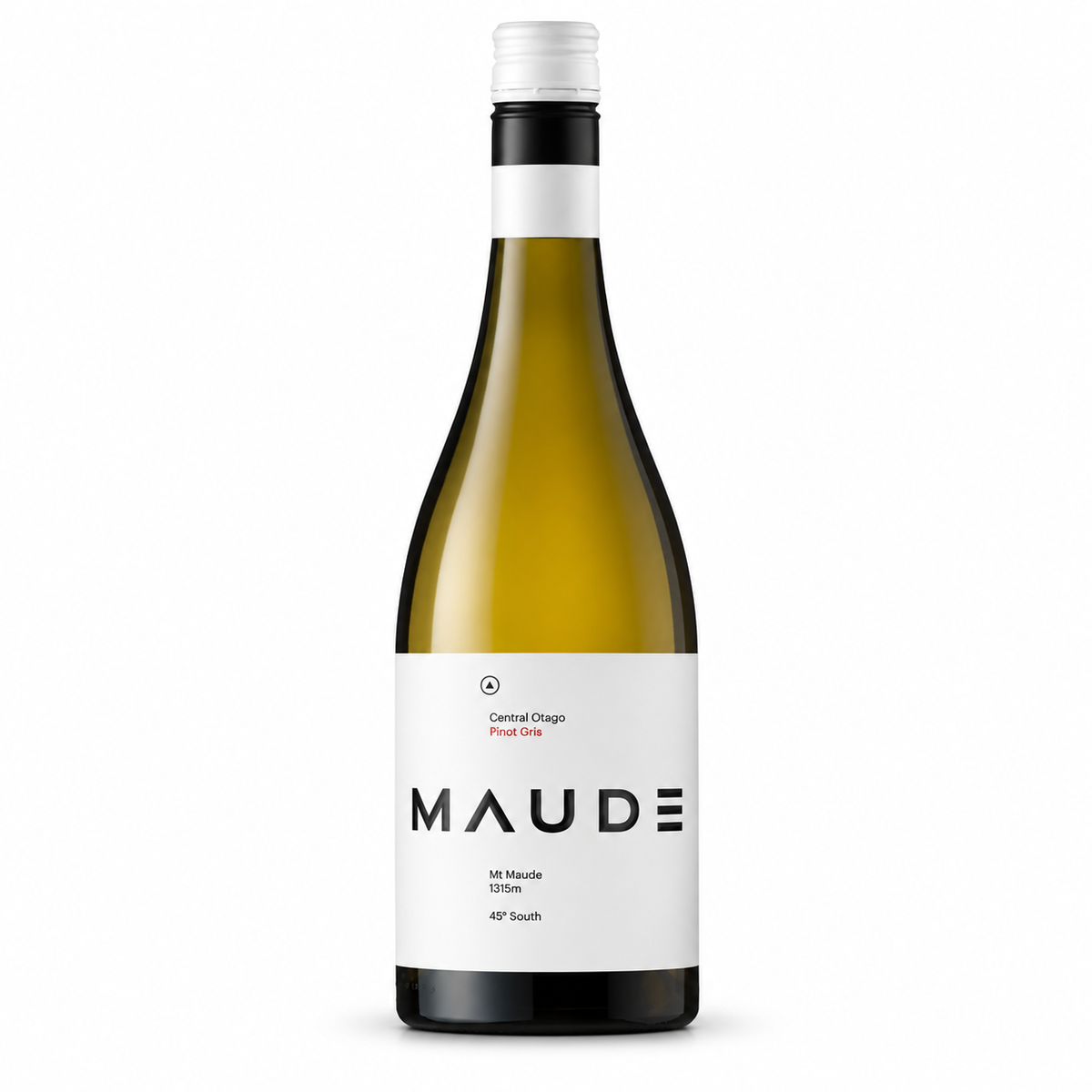 A bottle of MAUDE  Pinot Gris white wine, featuring a white label with black text and a black neck band, set against a plain white background.