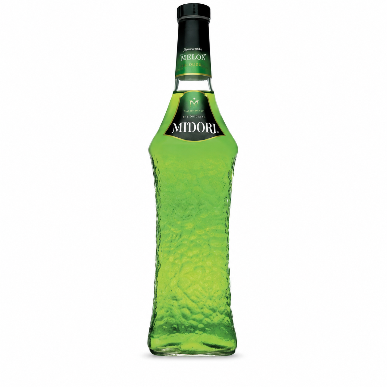 A bottle of Midori passion fruit syrup with a textured green glass body, black neck label, and white brand name, shown on a plain white background.