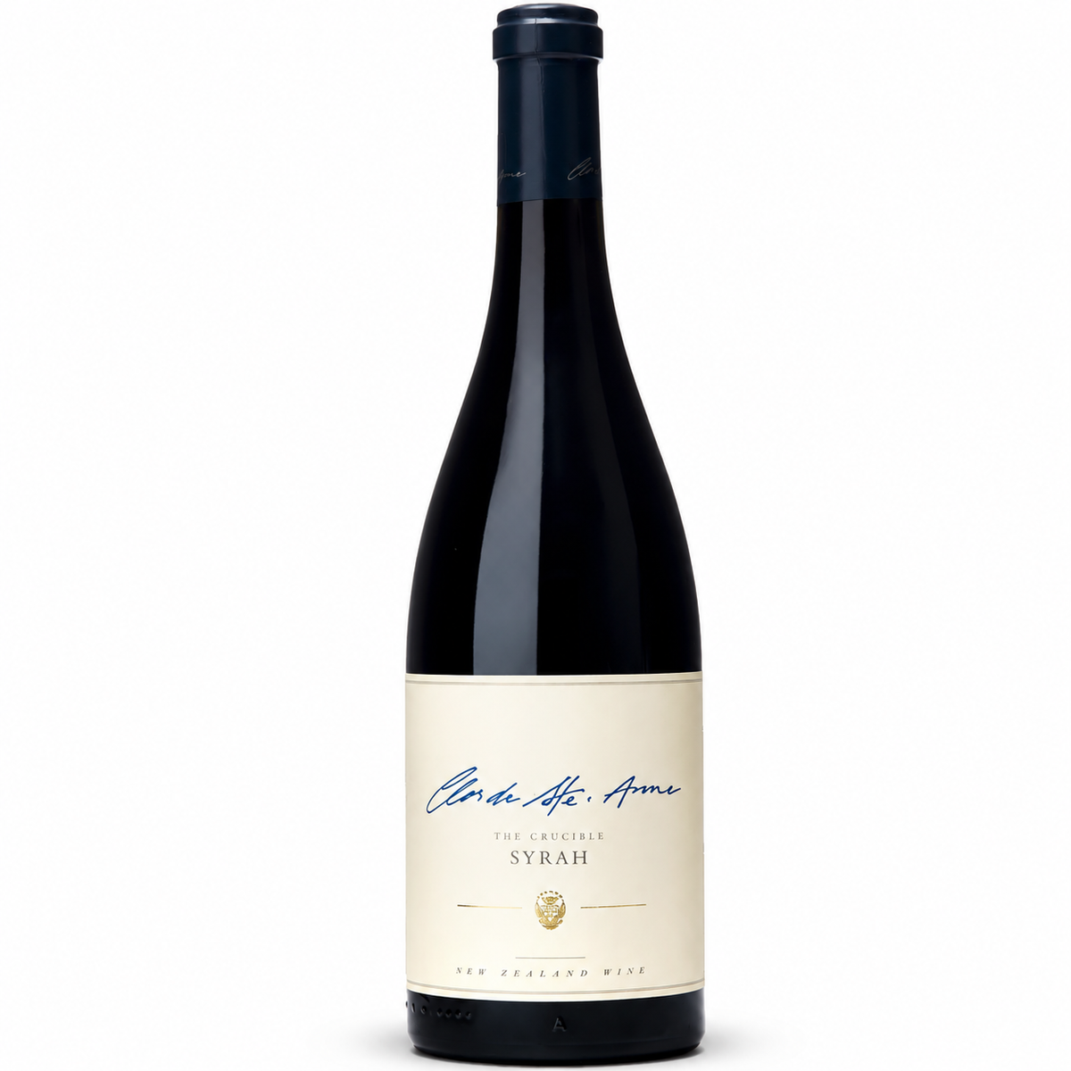 A bottle of Milton  Clos de Ste. Anne Syrah New Zealand Wine, featuring a dark glass bottle with a cream-colored label and blue script branding, set against a plain white background.