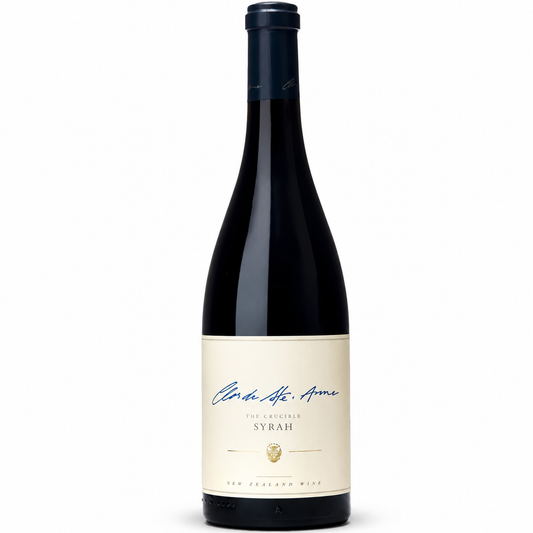 A bottle of Milton  Clos de Ste. Anne Syrah New Zealand Wine, featuring a dark glass bottle with a cream-colored label and blue script branding, set against a plain white background.