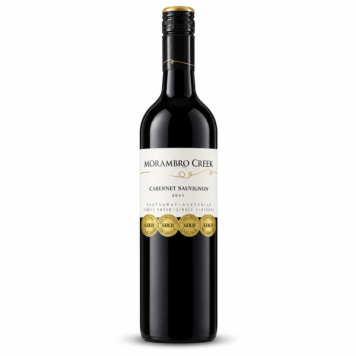 A bottle of Morambro Creek Cabernet Sauvignon 2021 from Australia, featuring a dark glass bottle with a cream and gold label, set against a plain white background.
