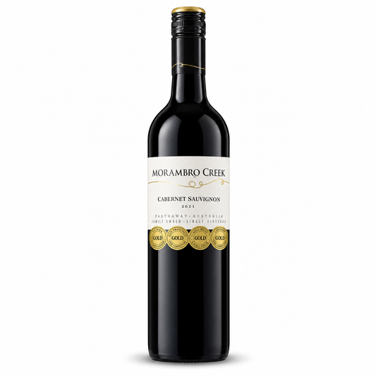 A bottle of Morambro Creek Cabernet Sauvignon 2021 from Australia, featuring a dark glass bottle with a cream and gold label, set against a plain white background.