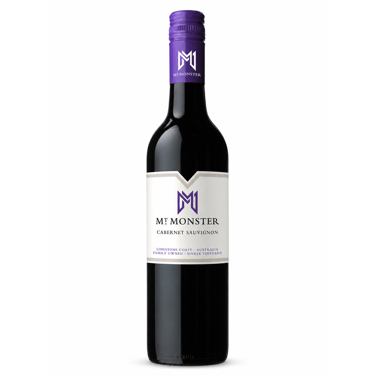 A bottle of Mt. Monster Cabernet Sauvignon red wine, featuring a dark glass bottle, a white label with a purple logo, and a purple screw cap, set against a plain white background.