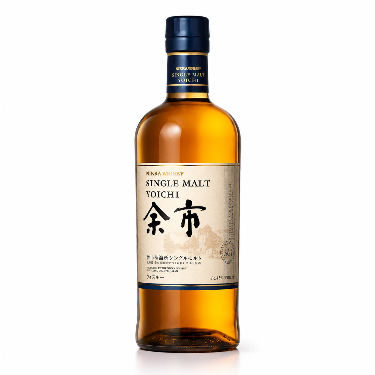 A bottle of Nisshin Whisky Single Malt Yoichi, featuring an amber-colored glass bottle with a dark navy blue cap and a beige label with black text and Japanese characters, set against a plain white background.
