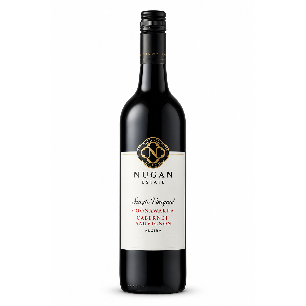A bottle of Nugan Estate Coonawarra Cabernet Sauvignon wine, featuring a dark glass bottle with a cream-colored label and gold accents, set against a plain white background.