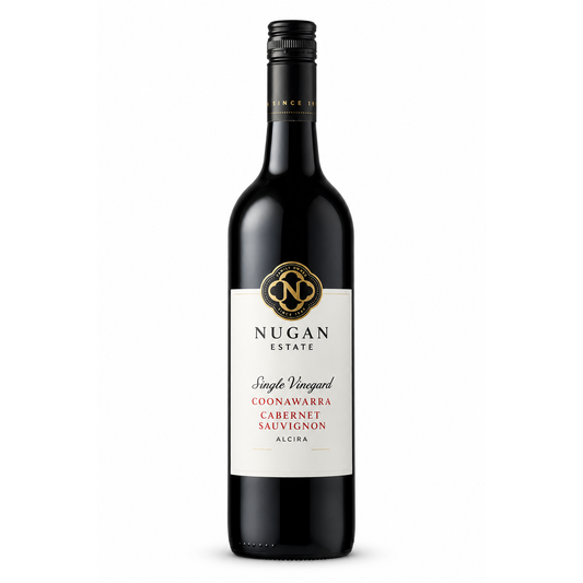 A bottle of Nugan Estate Coonawarra Cabernet Sauvignon wine, featuring a dark glass bottle with a cream-colored label and gold accents, set against a plain white background.