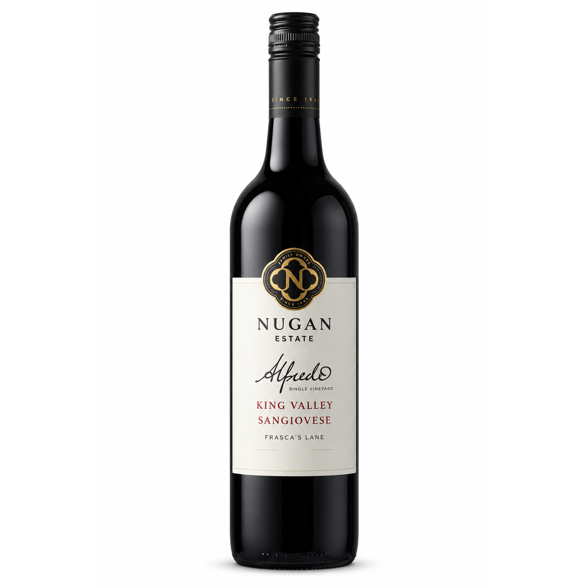 A bottle of Nugan Estate Alfredo King Valley Sangiovese red wine, featuring a dark glass bottle with a cream-colored label and gold accents, set against a plain white background.