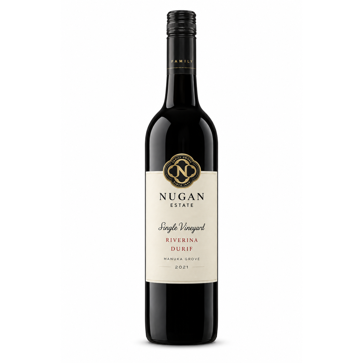 A bottle of Nugan Estate Single Vineyard Riverina Durif red wine, featuring a dark glass bottle with a cream-colored label and gold accents, set against a plain white background.