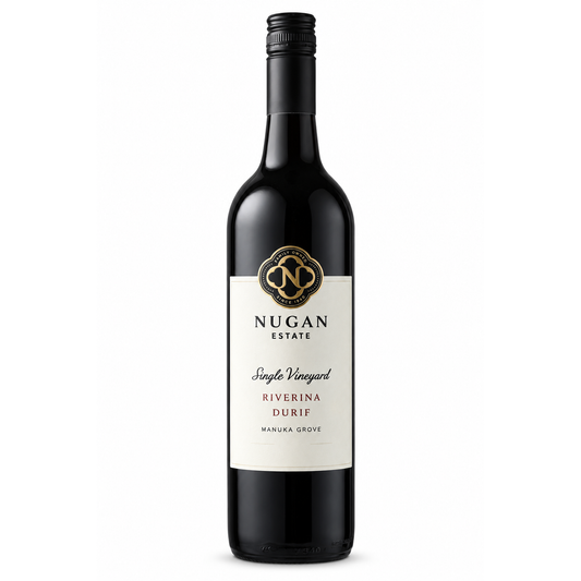 A bottle of Nugan Estate Single Vineyard Riverina Durif red wine, featuring a dark glass bottle with a cream-colored label and gold accents, set against a plain white background.